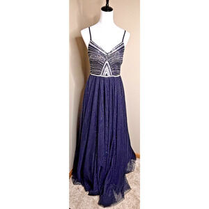 Say Yes to Prom Navy Blue Beaded Sequin Gown Long Glitter Tulle Formal Dress 9